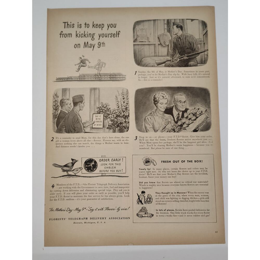 1943 Florists Telegraph Delivery Print Ad Mothers Day Reminder 1940s Ephemera